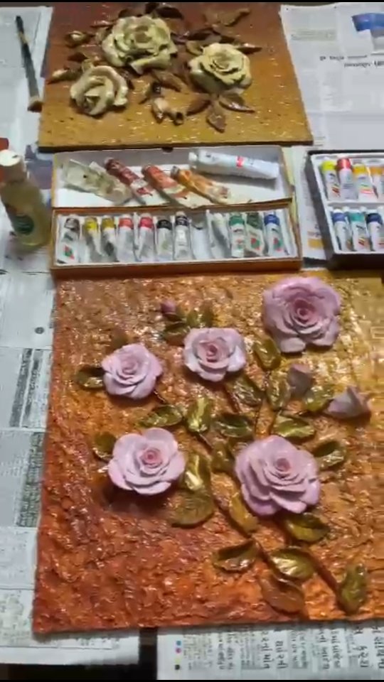 Handmade raised roses and painted leaves on two textured art panels